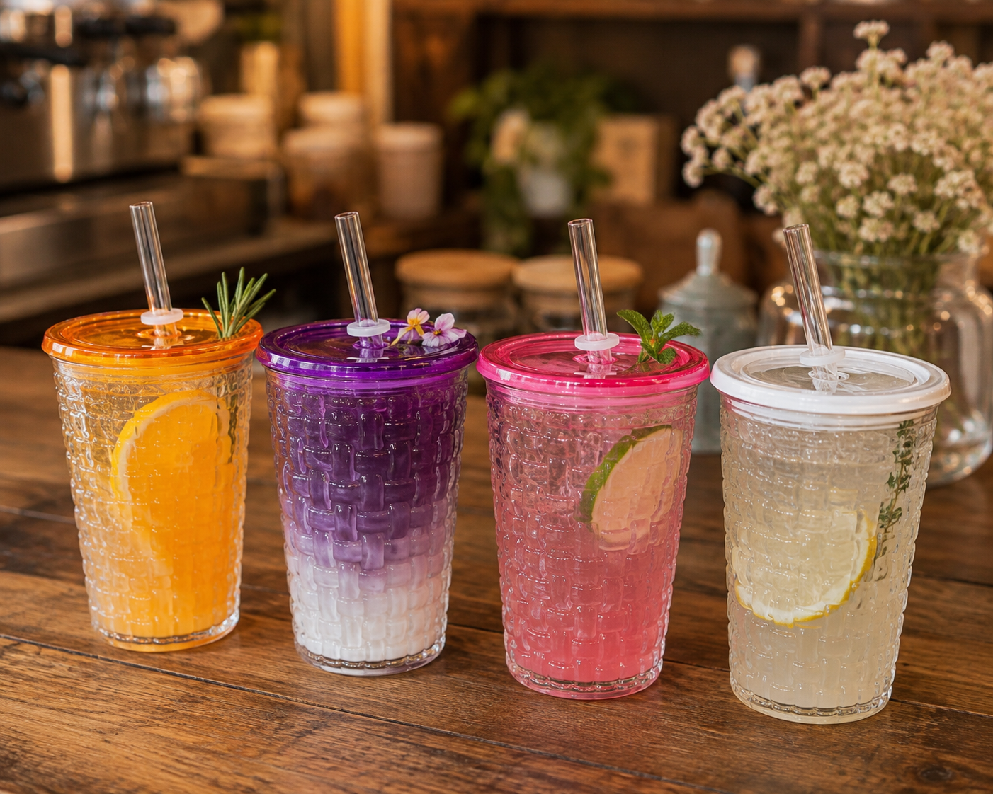 لیوان اسموتی حصیری همراه با درب واشردار و نی پیرکس😍🍹